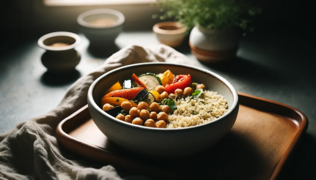 Receta de Bol de Quinoa con Garbanzos y Vegetales Asados en freidora de aire.información nutricional.calorías airfryer