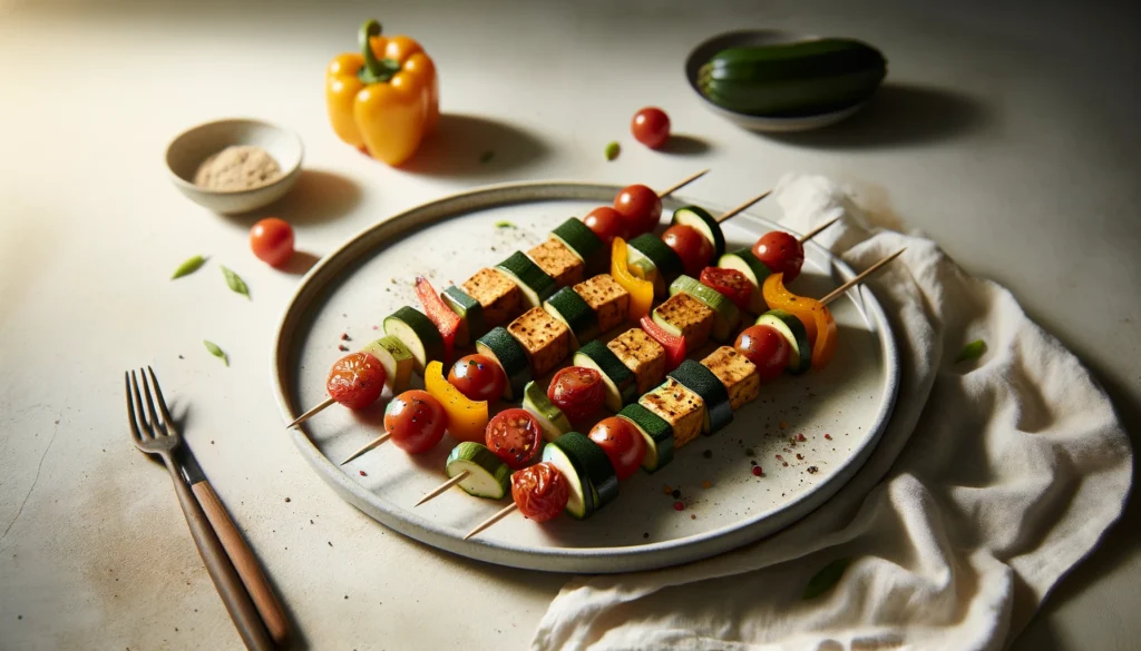 Receta de Brochetas de Tempeh y Vegetales Marinado en freidora de aire.información nutricional.calorías airfryer